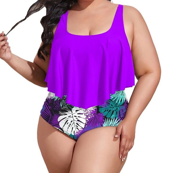 MOONCORE LILAC FLOUNCE RUFFLE BLACK FLORAL HIGH WAIST TANKINI SET SIZE 2XL NWT - Picture 1 of 8